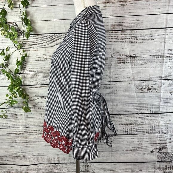 Tommy Hilfiger Blouse size Extra Small Navy Blue White Gingham Red Eyelet Casual - Picture 10 of 13
